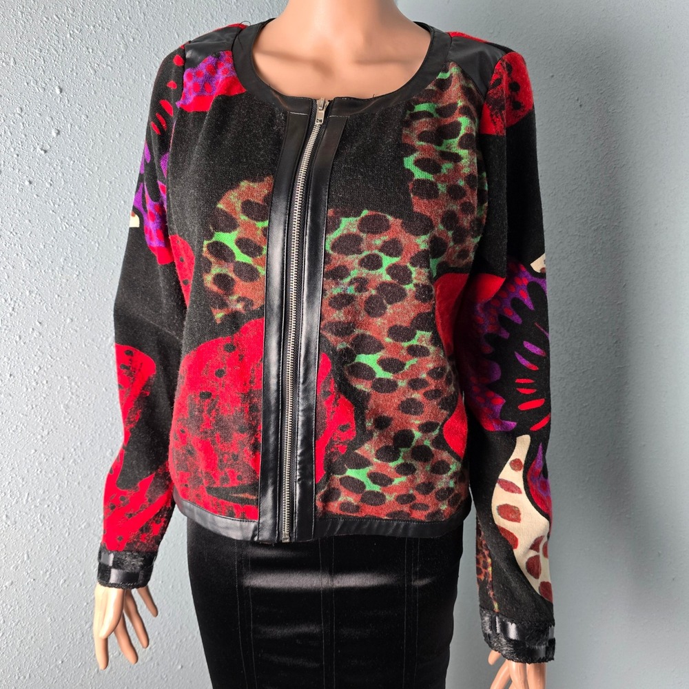 Papillon Abstract Print Faux Leather Trim‎ Zip Up Jacket Women's Size L